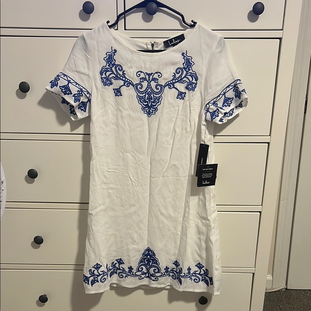 White Dress with Blue Embroidery